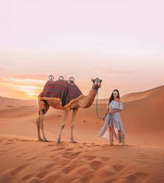 a woman standing next to a camel in the desert