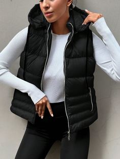 Zip Up Hooded Puffer Vest Coat Black Casual  Sleeveless Woven Fabric Plain vest,Puffer Non-Stretch  Women Clothing, size features are:Bust: ,Length: ,Sleeve Length: Plain Vest, Chaleco Casual, Outerwear Women Winter, Hooded Tee, Mens Winter Coat, Vest Coat, Casual Athletic, Flare Leg Pants, Belted Coat