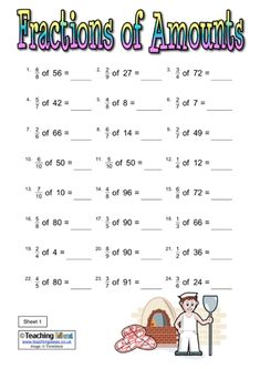 fraction worksheet with the words fractions of amounts