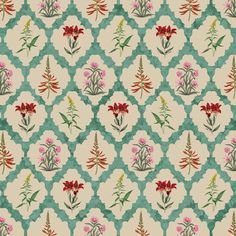 a pattern with flowers and leaves on a green background that looks like an ornament