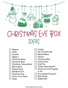 christmas eve box ideas list with snowman and presents hanging from the clothes line above it