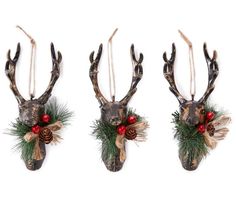 three deer heads with christmas decorations on them