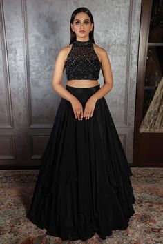 Buy Black Satin Silk Embroidered Cutdana High Neck Layered Lehenga Set For Women by Amrin khan Online at Aza Fashions. Black Silk Dress Outfit, Black Indian Outfit, Layered Lehenga, Silk Dresses Outfit, Lehenga For Girls, Party Wear Gowns, Blouse Designs High Neck, Crop Top Lehenga, Sangeet Outfit