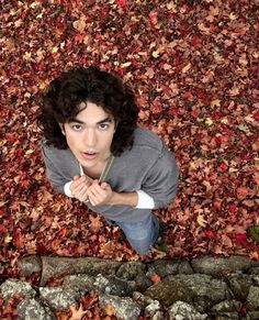 a young man standing in the middle of leaves with his hands on his hips and looking up