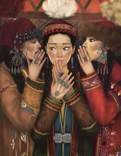 a painting of two women with rings on their hands and one woman holding her hand up to her face