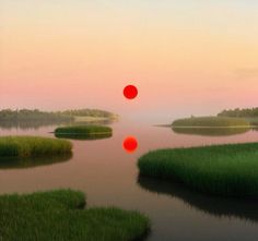 a red ball is floating in the water near some green grass and trees at sunset