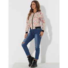 This bomber jacket is designed with floral prints in bright colors and long sleeves. It is detailed with a zip fastening front and ribbed at the cuffs and hem. Wear yours over an all-black outfit to keep it in the spotlight. Made of 100% Polyester. Features zip fastening through front and ribbed trims and cuffs. Machine wash inside out. The body size chart shows fitting size, please check your measurements to make sure the item fits before ordering. Womens Tailored Suit, Gothic Jackets, Jacket Beige, Denim Corset, Lightweight Shorts, In The Spotlight, All Black Outfit, Woman Standing, Womens Fleece