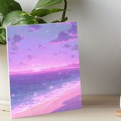 a painting of the ocean at sunset with stars in the sky and pink clouds above it