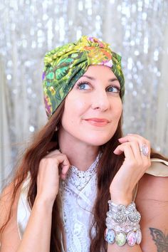 This wearable art fashion turban features exclusive fabric created from Mademoiselle Mermaid's flower photography!! Cotton jersey knit is super soft 'n lovely to wear and really comes to life in a gorgeous tropical butterfly print. A perfect hair turban for early morning meditations, art walks, film festivals, and leisurely weekend brunches. Tuck your hair up into it for a 1920's take on the item, or let your hair fall loose for a more bohemian vibe. ...Add a sparkly rhinestone jewel for a glamo Multicolor One Size Wrap Headwrap, Multicolor One Size Headwrap, Fitted Green Headwrap Headband, Green Fitted Headband Wrap, Fitted Green Headband Headwrap, Multicolor Turban With Matching Headband, Summer Knotted Headscarf, One Size Fits Most, Summer Knotted Headscarf, One Size, Adjustable Wrap Turban For Summer