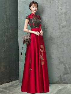 Colorblock Embroidered Floor Length Qipao / Cheongsam Wedding Dress Red Evening Dresses, Chinese Style Dress, Global Dress, China Dress, Cheongsam Dress