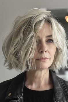 A textured blunt bob with platinum blonde hair and darker roots on a woman. Blonde Bob Root Shadow, Tailored Midi Bob, Grey Choppy Bob, French Bob Grey Hair, Salt And Pepper Bob Haircut, Straight Short Bob Haircut, Fine Hair Bobs, Goth Bob Haircut, Chunky Bob Haircut