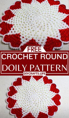 crochet round doily pattern with red and white flowers