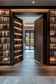 an open door leading to a library filled with books