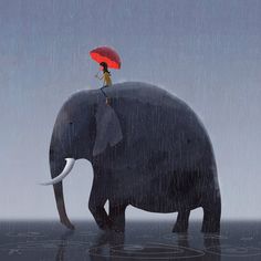 an elephant standing in the rain with a person sitting on it's back holding an umbrella