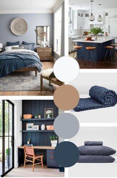 a collage of photos with blue and gray colors in the bedroom, kitchen, living room