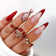 24-Piece Christmas Press-On Nails Set - Long Almond Shape, Red And White With Snowflake Designs, Glossy Finish - An Ideal Holiday Gift Women. Color Tone: Red Line,Fair Nail Shape: Almond Shaped Nail Length: Long Nail Pattern: Stripe,Holiday Elements Nail Finishes: Glossy Long Nail Art, December Nails, Red Christmas Nails, Cute Christmas Nails, Christmas Nails Easy, Christmas Gel Nails, Her Nails, Winter Nail Art, New Year's Nails