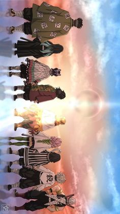 a group of people standing next to each other in front of a sky with clouds