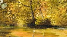 a painting of trees and water in the fall