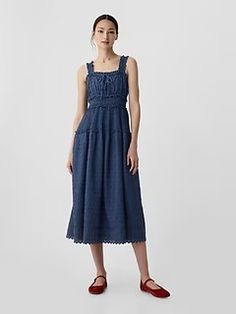 Gap × DÔEN Eyelet Midi Dress | Gap Spring Casual Smocked Dress With Straight Neckline, Casual Smocked Dress With Straight Neckline For Spring, Casual Smocked Dress With Straight Neckline, Casual Gap Maxi Dress, Summer Smocked Square Neck Dress For Daywear, Gap Casual Maxi Dress, Casual Midi Dress With Smocked Bodice And Straight Neckline, Summer Square Neck Smocked Dress For Daywear, Casual Midi Dress With Straight Neckline For Daywear