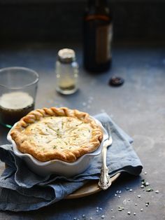 a pie sitting on top of a wooden table