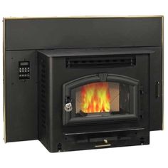 a black stove with flames in it on a white background and an orange flame coming out of the door