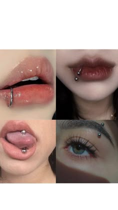 four different pictures of lips with piercings on them