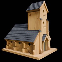 a wooden birdhouse with two birds on the roof