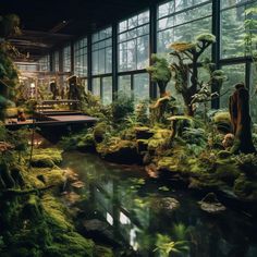 a room filled with lots of green plants and trees next to a river in front of large windows