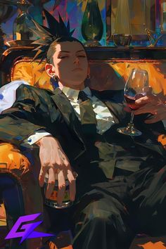 a painting of a man sitting on a couch with a glass of wine in his hand