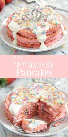 two plates with pancakes covered in frosting and sprinkles