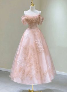 Lovely Pink Tea Length Straps Tulle Formal Dress Pink Graduation Dress, Homecoming Dress Stores, Off The Shoulder Homecoming Dress, Prom Dress Cute, فستان زهري, Party Dress Pink, Pink Graduation, Tea Length Prom Dress, Prom Dresses Off The Shoulder