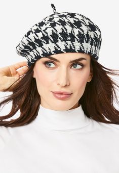 A classic for cold weather, this plush wool beret is the perfect way to top off your look. Black Houndstooth.  6" inside diameter AcrylicSpot White Beret, Checkered Outfit, Linen Gauze, Wool Beret, Platinum Credit Card, Thermal Sweater, Wool Berets, Black Houndstooth, White Houndstooth