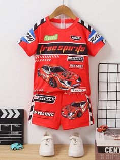 Red Casual Collar   Car,Letter  Embellished Slight Stretch  Young Boys Clothing Car Letter, Boy Toddler, Street Racing, Boys Set, Boys Clothing, Kids Sleepwear, Toddler Boys, Printed Shorts, Boy's Clothing