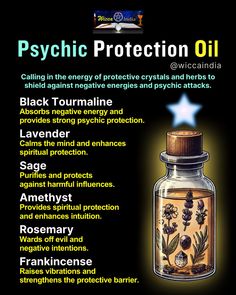 Introducing our Psychic Protection Oil! Your daily ally against negative energies and psychic attacks.   This oil combines the powerful energies of black tourmaline, lavender, sage, amethyst, rosemary, and frankincense, providing a potent shield against psychic attacks. Embrace the protective energy and feel secure in your magickal practice. 🌿🔮✨ Psychic Attack Protection, Magick Oil, Protection Oil, Spells And Rituals, Good Luck Spells, Psychic Attacks, Healing Magic, Grimoire Book, Healing Spells