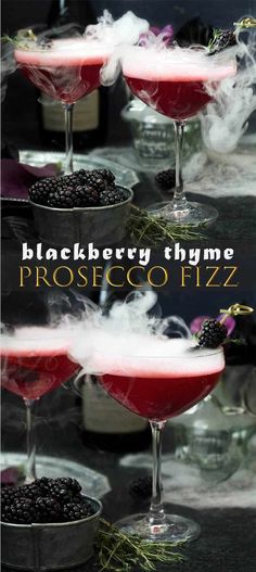 Blackberry Thyme Prosecco Fizz Blackberry Cocktail, Halloween Party Drinks, Get Ready For Halloween, Prosecco Cocktails, Dry Ice, Boozy Drinks, Halloween Cocktails, Fancy Drinks, Fall Cocktails