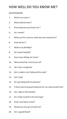 a question sheet with the words how well do you know me?