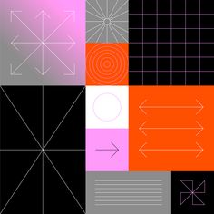 an abstract background with different shapes and lines in pink, orange, black and grey