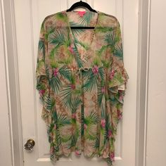 Betsey Johnson New With Tags Beach Vacation Print Mesh Ruffled And Ruched Mini Dress Swim Cover Up With Adjustable Length With Ruching. Features Sand Tan Color Peek-A-Boo See Through Mesh Ruffled Hem And Sleeves V-Neckline Pull Over Style New With Tags Perfect Condition Soft Stretchy Material Palm Tree Print Beach Print Perfect New With Tags , Never Worn. Betsey Johnson Size Xs Terry Cloth Robe, Swim Cover Up Dress, Vintage Swim, Vintage Betsey Johnson, Ruched Mini Dress, Palm Tree Print, Printed Swim, Floral Kimono, Beach Print