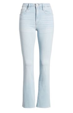 A jagged raw-edge hemline with heavy fraying brings an old-favorite vibe to crop-leg jeans cut in a subtle bootcut silhouette and enhanced with stretch. 26 1/2" inseam; 18 1/2" leg opening; 10 3/4" front rise; 15" back rise (size 29) Zip fly with button closure Five-pocket style 77% cotton, 18% rayonl, 4% elasterell-p, 1% elastane Machine wash, dry flat Made in Turkey Stretch Flare Jeans With Frayed Hem And Cropped Leg, Flare Jeans With Frayed Hem, Cotton Flare Jeans With Frayed Hem, Trendy Flare Jeans With Frayed Hem, Light Wash Flare Cropped Jeans With Frayed Hem, Spring Flare Jeans With Frayed Hem, Spring Bottoms With Frayed Hem And Standard Cut Leg, Raw Edge, Bootcut Jeans