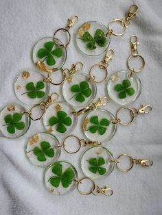 a bunch of green shamrocks in glass bowls on a white towel with gold key chains