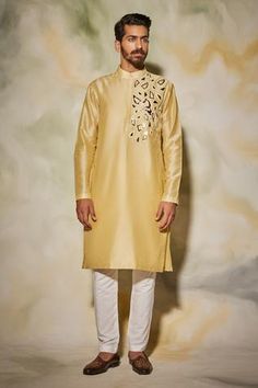 Shop for DiyaRajvvir Yellow Cotton Silk Embroidered Kurta for Men Online at Aza Fashions Horse Embroidery, Yellow Kurta, Kurta For Men, Kurta Men, Black And White Fabric, Butter Yellow, Pants Fit, Indian Fashion Designers, Kurta Set