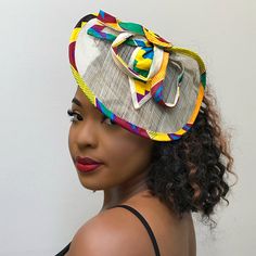 Kente African Print Fascinator hair clip hat - Yellow / Purple - Afrilege Fascinator Hair, Couture Hats, Ascot Hats, Church Hat, Kentucky Derby Hat, Derby Hat, Church Hats, Ankara Fabric, Fascinator Hats