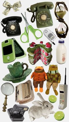 a collage of old fashioned telephones, cell phones, and other items from the past