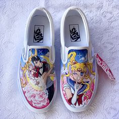 the shoes are decorated with anime characters on them