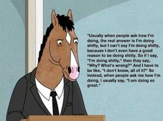 a horse wearing a suit and tie sitting at a table with a quote written on it