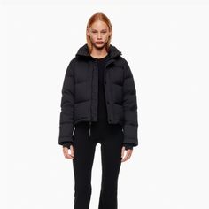 Cropped Goose Down Puffer Jacket Black Puffer Jacket With Ribbed Cuffs For Fall, Black Fitted Sporty Puffer Jacket, Sporty Fitted Black Puffer Jacket, Fall Black Puffy Outerwear, Superpuff Aritzia, Aritzia Puffer Jacket, Aritzia Super Puff Shorty, Aritzia Puffer, Super Puff Vest