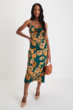 Make the most of any elegant evening by wearing a sensational look like the Lulus Favorite Icon Green Floral Satin Cowl Neck Slip Midi Dress! Luxe woven satin boasts a unique, vintage-inspired floral print throughout as it shapes a sleeveless bodice with a draping cowl neckline and adjustable spaghetti straps. The sexy, slip-style silhouette will effortlessly flatter your figure as it continues down to a sophisticated midi hem. Hidden back zipper/clasp. Fit: This garment fits true to size. Lengt Floral Satin Dress, Slip Midi Dress, Lulu Fashion, Bridal Party Dresses, Adhesive Bra, Green Floral Dress, Cowl Neckline, Green Midi Dress, Strapless Bra