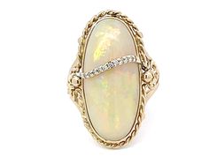 Large Oval Cabochon Opal and Diamond Ring in 14k Yellow Gold Opal And Diamond Ring, Opal Diamond Ring, Gold Sign, Ring Pictures, Fine Watches, Diamond Color, Oval Cabochon, Ring Size 7, Opal Gemstone