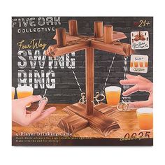 an advertisement for a game called five oak collective featuring two hands on a scale with beer glasses in front of them