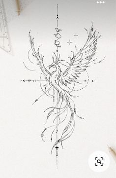 a drawing of a bird with wings on it's back and an arrow in the middle